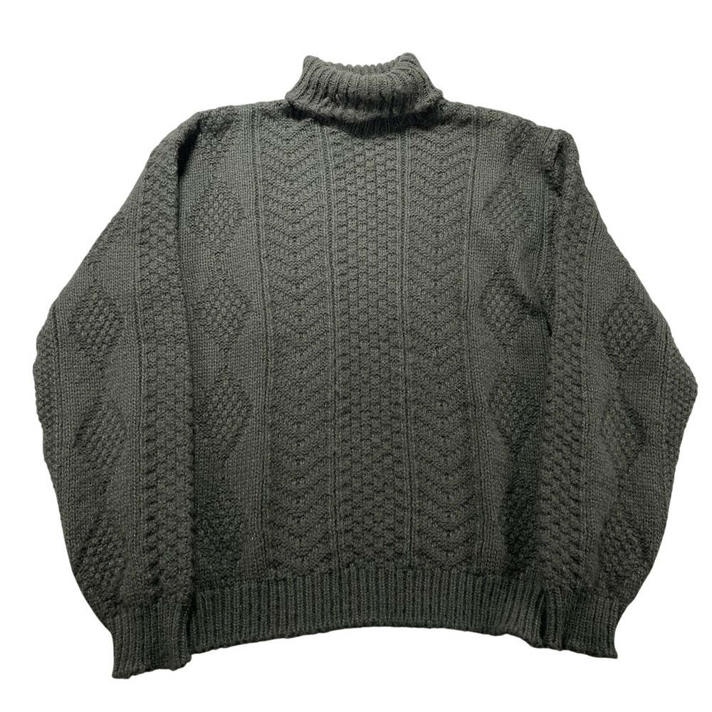 VTG 70s Dupont Sweater Mens M Green Cable Knit Turtleneck Pullover Orlon Acrylic
